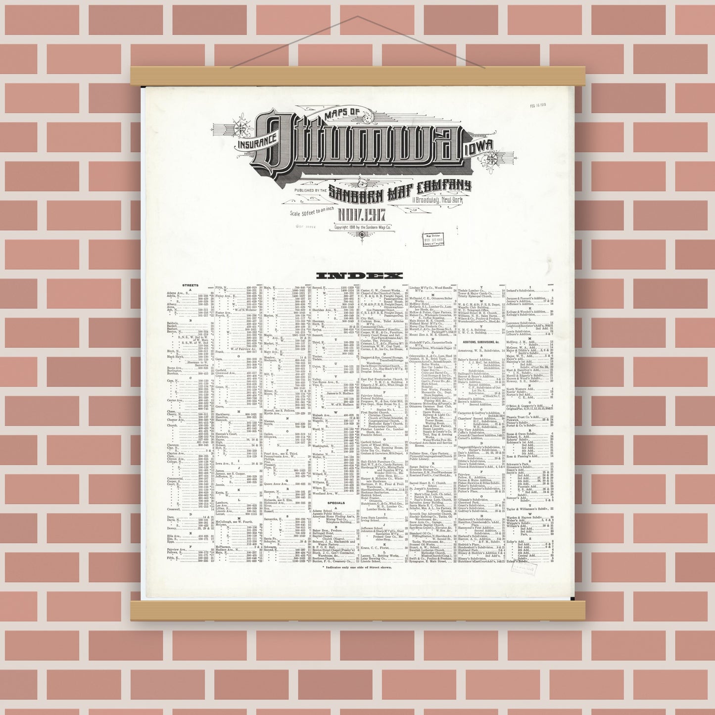 Old map wall art mockup — magnetic wood frame on brick wall — Sanborn Fire Insurance Map from Ottumwa, Wapello County, Iowa (1917), Sheet #0001