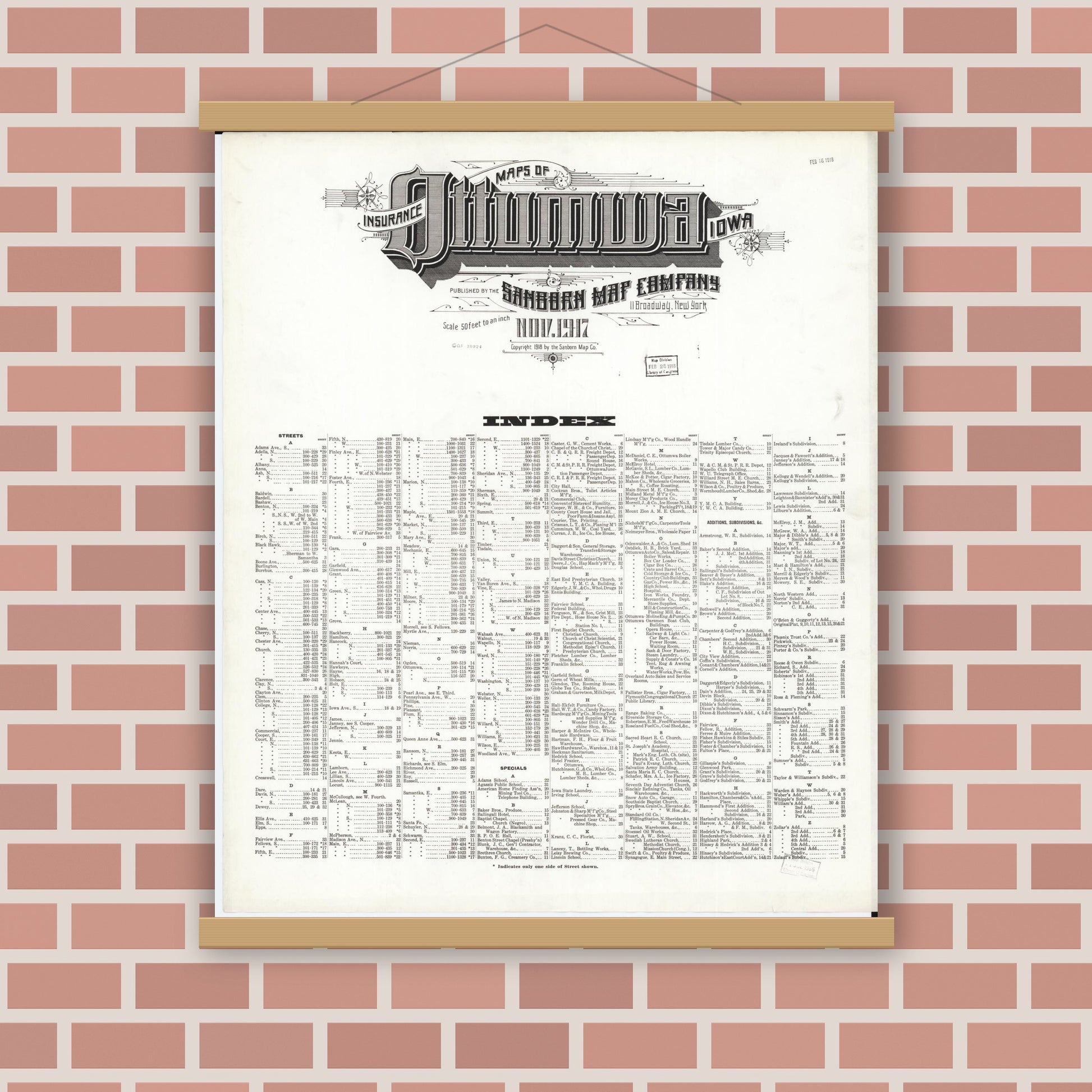 Old map wall art mockup — magnetic wood frame on brick wall — Sanborn Fire Insurance Map from Ottumwa, Wapello County, Iowa (1917), Sheet #0001