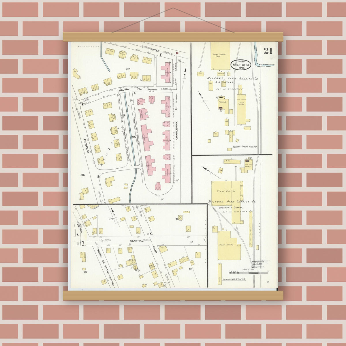 Old map wall art mockup — magnetic wood frame on brick wall — Sanborn Fire Insurance Map from Milford, Worcester County, Massachusetts (1910), Sheet #0021