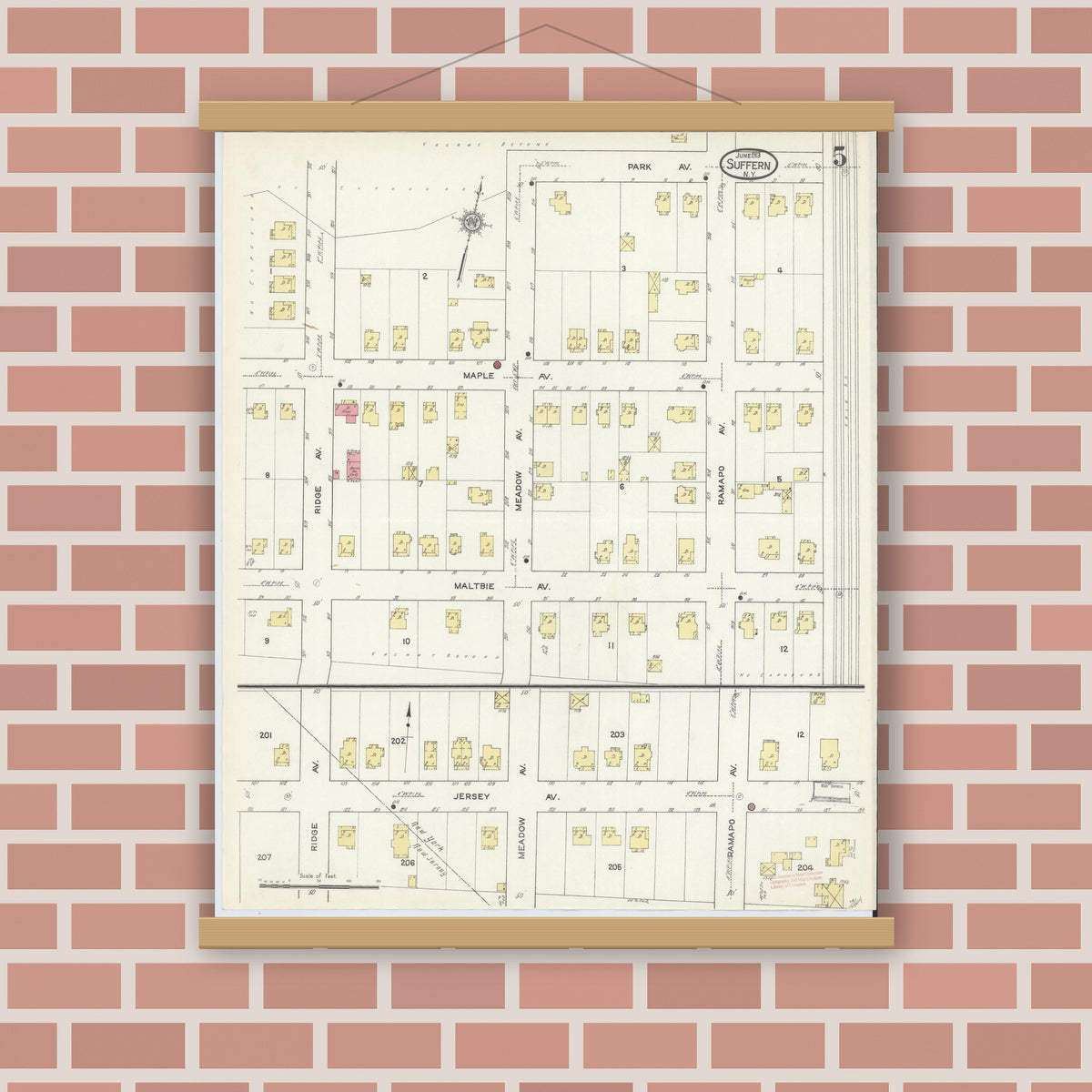 Old map wall art mockup — magnetic wood frame on brick wall — Sanborn Fire Insurance Map from Suffern, Rockland County, New York (1913), Sheet #0005