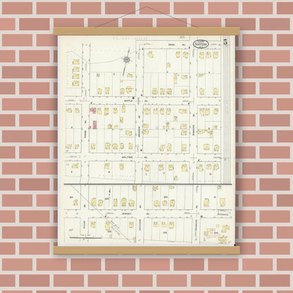 Old map wall art mockup — magnetic wood frame on brick wall — Sanborn Fire Insurance Map from Suffern, Rockland County, New York (1913), Sheet #0005