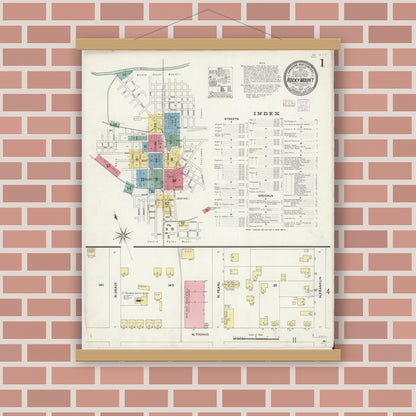 Old map wall art mockup — magnetic wood frame on brick wall — Sanborn Fire Insurance Map from Rocky Mount, Edgecombe And Nash Counties, North Carolina (1907) - Complete Map Set