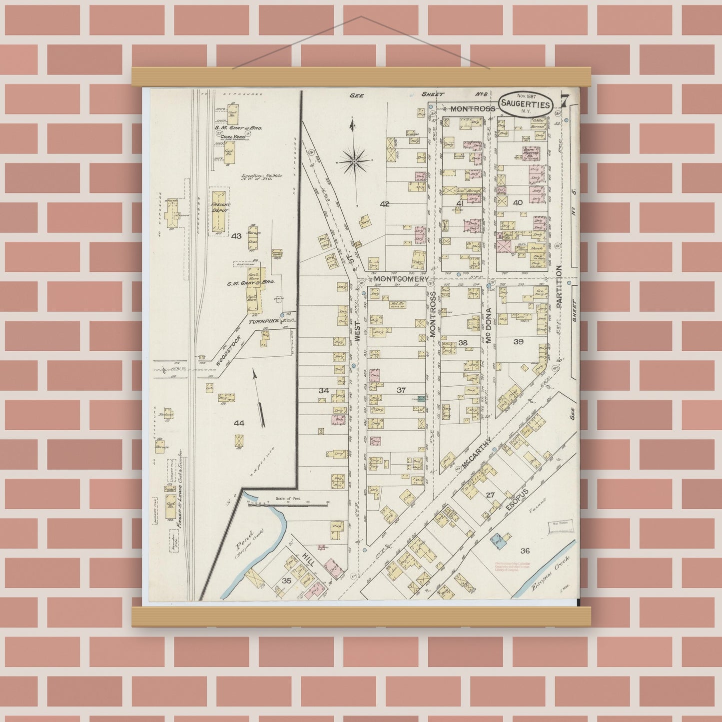 Old map wall art mockup — magnetic wood frame on brick wall — Sanborn Fire Insurance Map from Saugerties, Ulster County, New York (1887), Sheet #0007