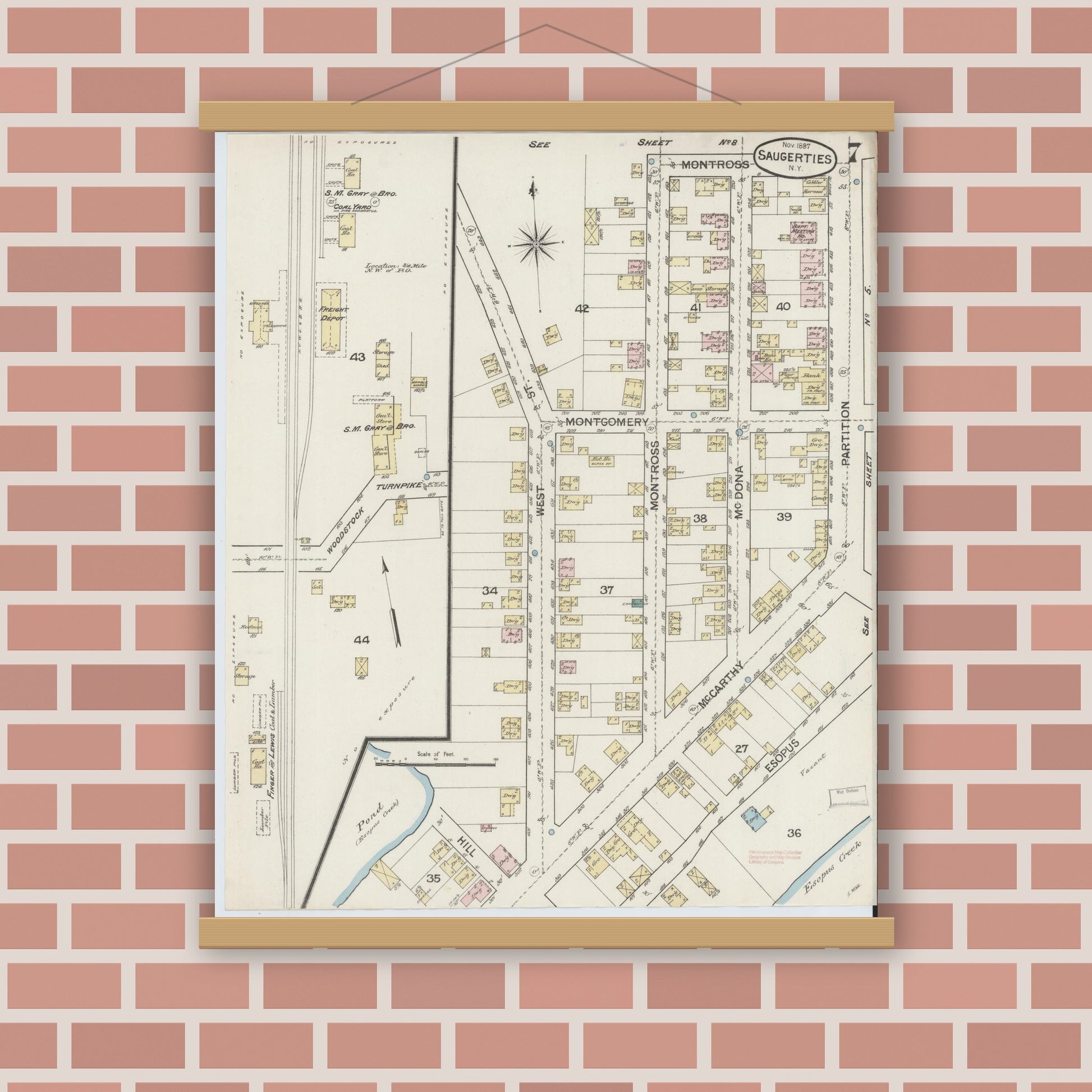 Old map wall art mockup — magnetic wood frame on brick wall — Sanborn Fire Insurance Map from Saugerties, Ulster County, New York (1887), Sheet #0007