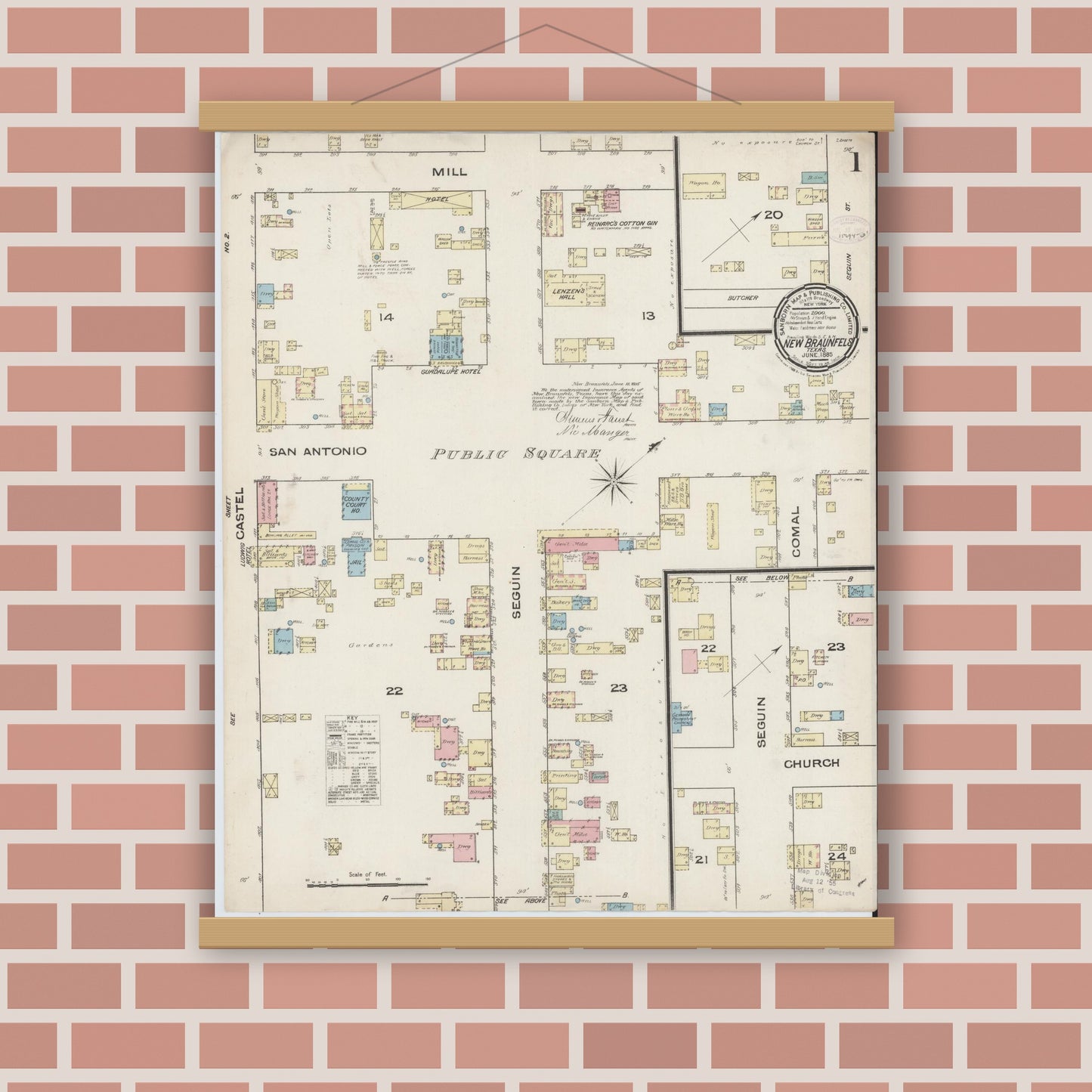 Old map wall art mockup — magnetic wood frame on brick wall — Sanborn Fire Insurance Map from New Braunfels, Comal County, Texas (1885), Sheet #0001