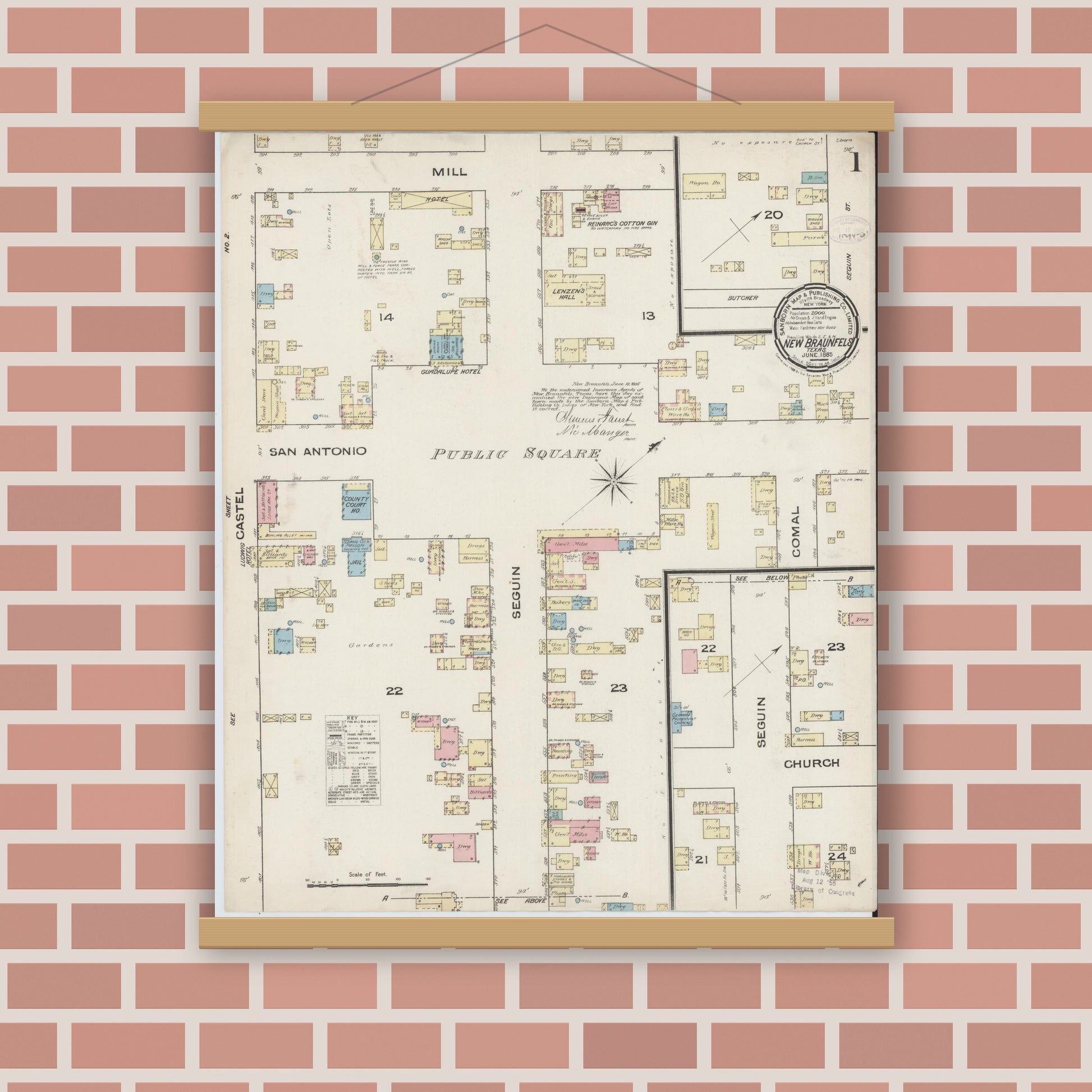 Old map wall art mockup — magnetic wood frame on brick wall — Sanborn Fire Insurance Map from New Braunfels, Comal County, Texas (1885), Sheet #0001