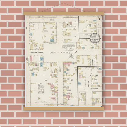 Old map wall art mockup — magnetic wood frame on brick wall — Sanborn Fire Insurance Map from New Braunfels, Comal County, Texas (1885), Sheet #0001