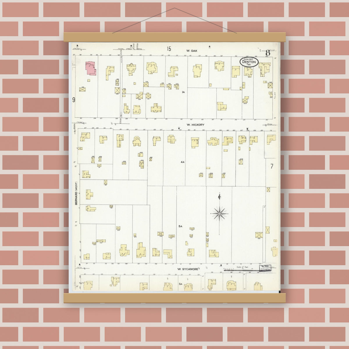Old map wall art mockup — magnetic wood frame on brick wall — Sanborn Fire Insurance Map from Denton, Denton County, Texas (1907), Sheet #0008