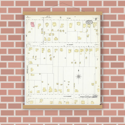 Old map wall art mockup — magnetic wood frame on brick wall — Sanborn Fire Insurance Map from Denton, Denton County, Texas (1907), Sheet #0008