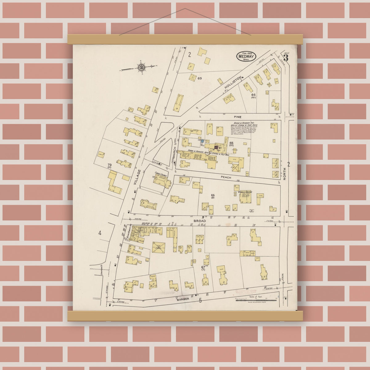 Old map wall art mockup — magnetic wood frame on brick wall — Sanborn Fire Insurance Map from Medway, Norfolk County, Massachusetts (1922), Sheet #0003