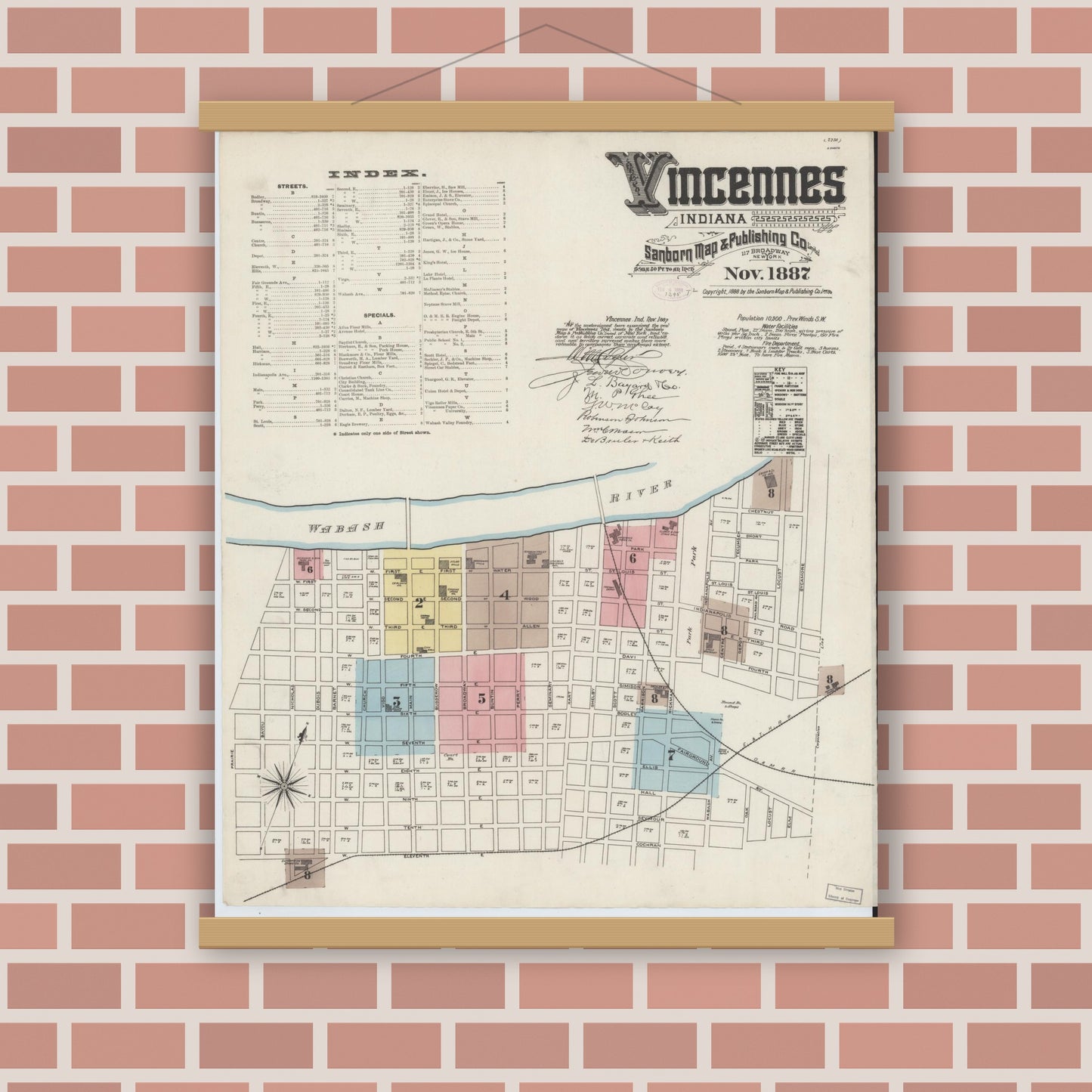 Old map wall art mockup — magnetic wood frame on brick wall — Sanborn Fire Insurance Map from Vincennes, Knox County, Indiana (1887) - Complete Map Set