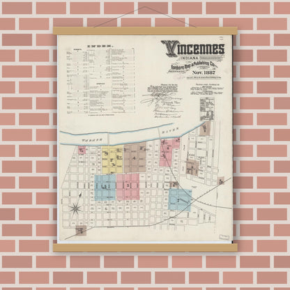 Old map wall art mockup — magnetic wood frame on brick wall — Sanborn Fire Insurance Map from Vincennes, Knox County, Indiana (1887) - Complete Map Set