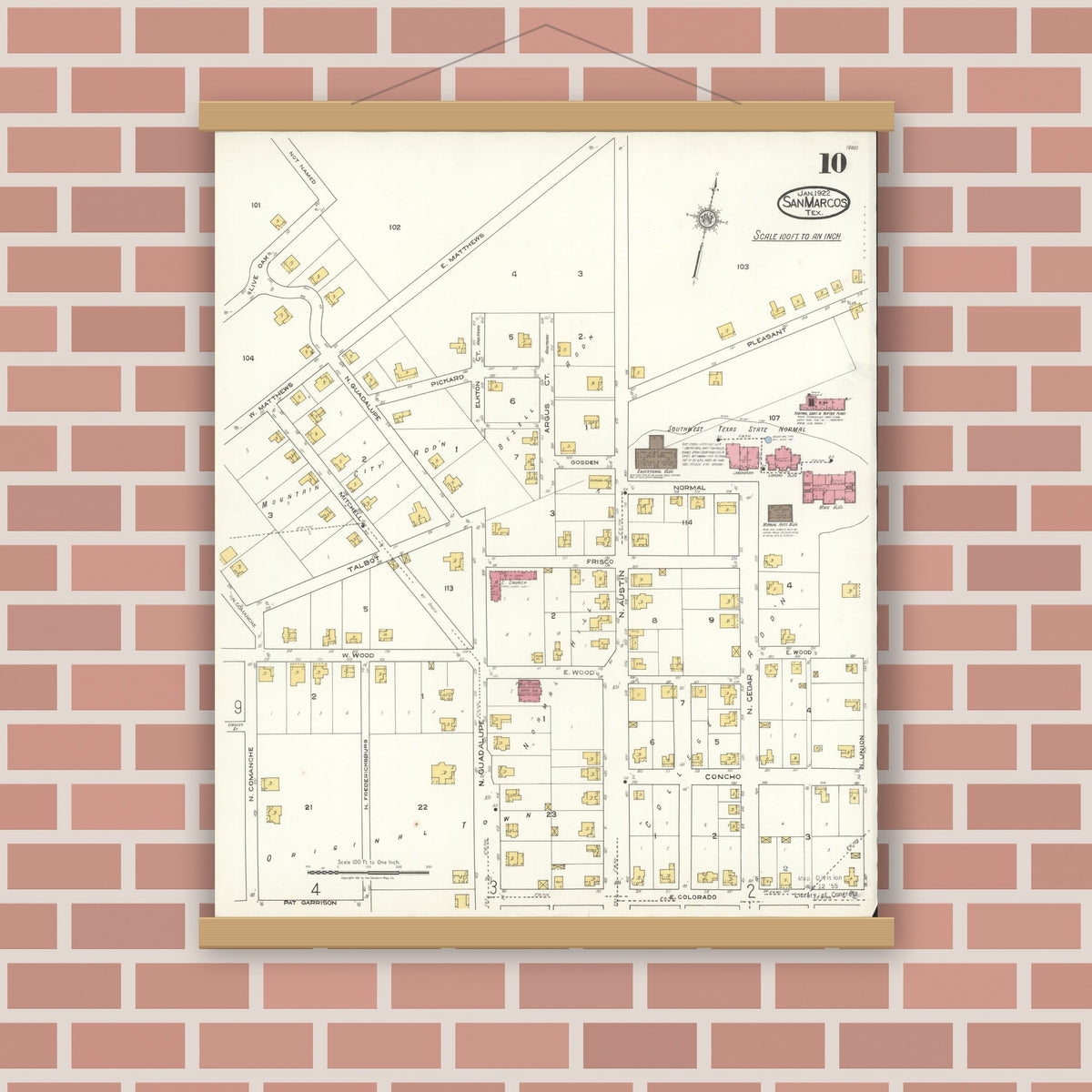 Old map wall art mockup — magnetic wood frame on brick wall — Sanborn Fire Insurance Map from San Marcos, Hays County, Texas (1922), Sheet #0010