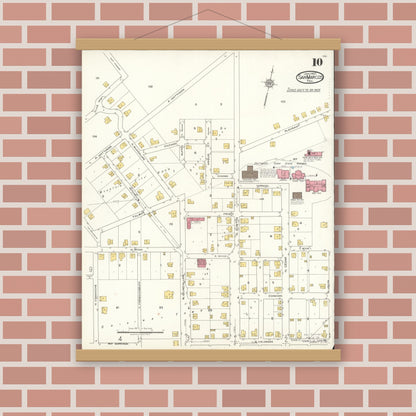 Old map wall art mockup — magnetic wood frame on brick wall — Sanborn Fire Insurance Map from San Marcos, Hays County, Texas (1922), Sheet #0010