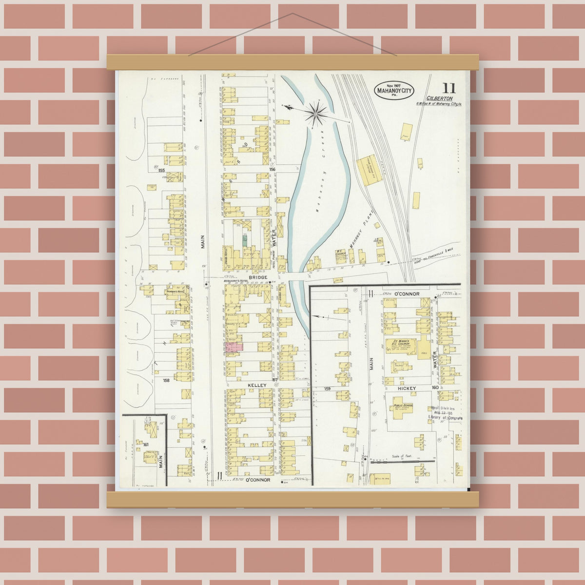 Old map wall art mockup — magnetic wood frame on brick wall — Sanborn Fire Insurance Map from Mahanoy City, Schuylkill County, Pennsylvania (1907), Sheet #0011