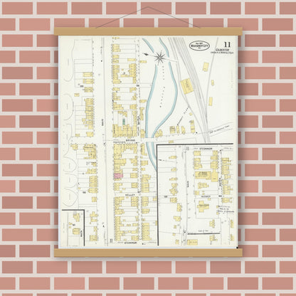 Old map wall art mockup — magnetic wood frame on brick wall — Sanborn Fire Insurance Map from Mahanoy City, Schuylkill County, Pennsylvania (1907), Sheet #0011
