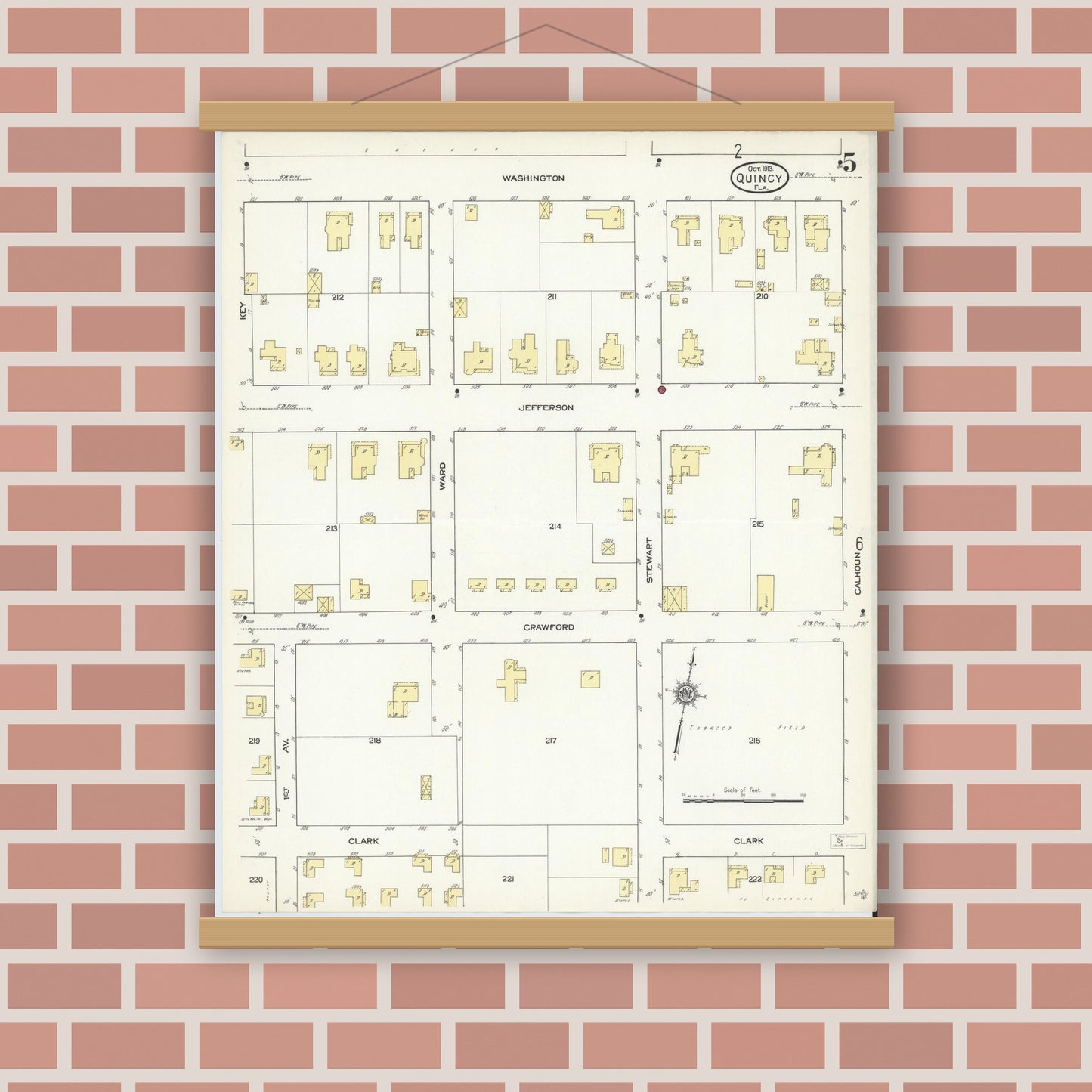Old map wall art mockup — magnetic wood frame on brick wall — Sanborn Fire Insurance Map from Quincy, Gadsden County, Florida (1913), Sheet #0005