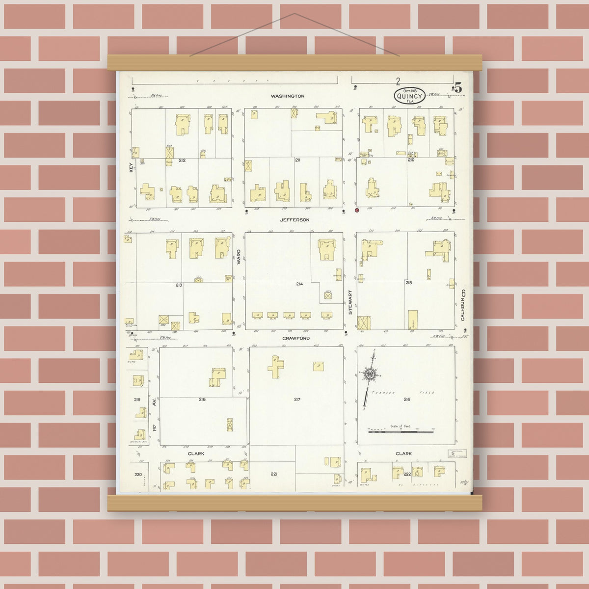 Old map wall art mockup — magnetic wood frame on brick wall — Sanborn Fire Insurance Map from Quincy, Gadsden County, Florida (1913), Sheet #0005