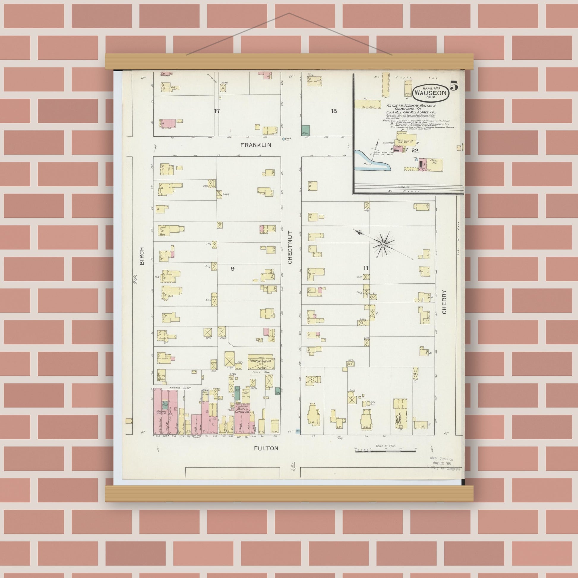 Old map wall art mockup — magnetic wood frame on brick wall — Sanborn Fire Insurance Map from Wauseon, Fulton County, Ohio (1893), Sheet #0005