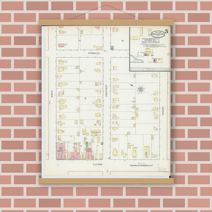 Old map wall art mockup — magnetic wood frame on brick wall — Sanborn Fire Insurance Map from Wauseon, Fulton County, Ohio (1893), Sheet #0005