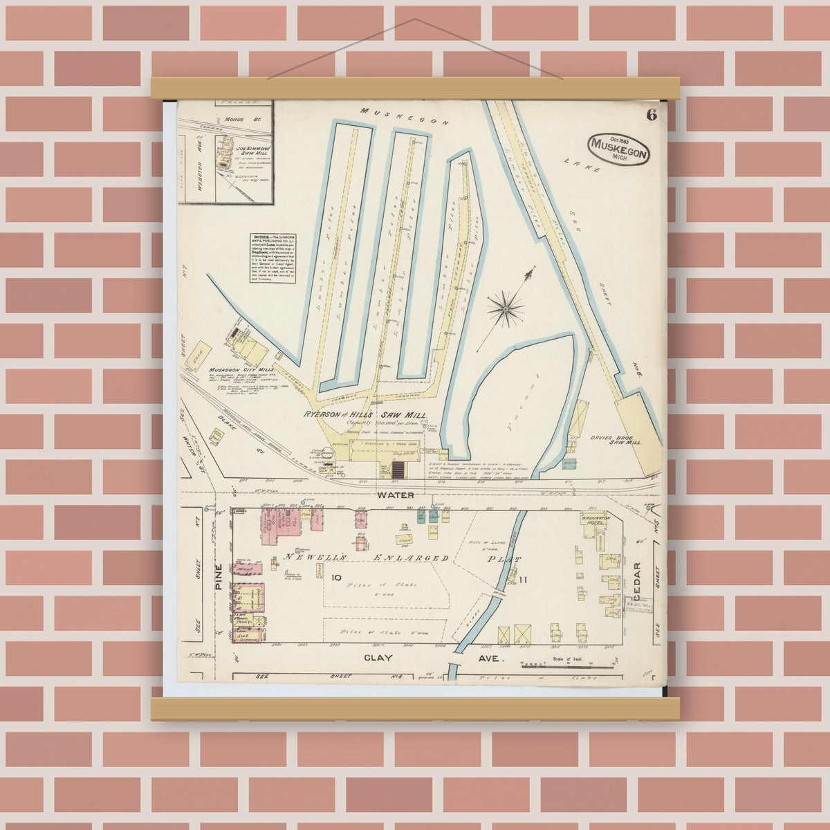 Old map wall art mockup — magnetic wood frame on brick wall — Sanborn Fire Insurance Map from Muskegon, Muskegon County, Michigan (1883), Sheet #0006