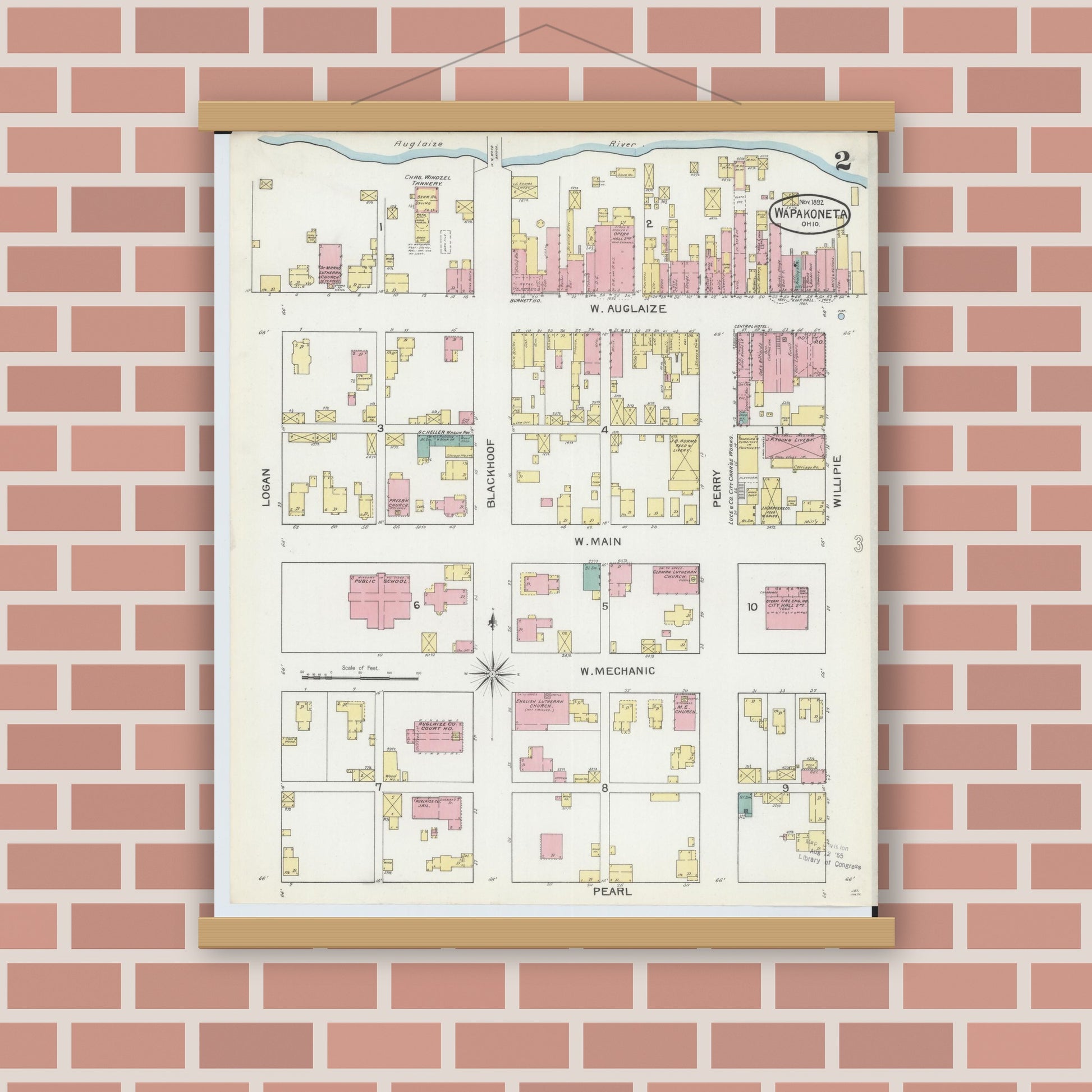 Old map wall art mockup — magnetic wood frame on brick wall — Sanborn Fire Insurance Map from Wapakoneta, Auglaize County, Ohio (1892), Sheet #0002