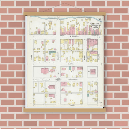 Old map wall art mockup — magnetic wood frame on brick wall — Sanborn Fire Insurance Map from Wapakoneta, Auglaize County, Ohio (1892), Sheet #0002