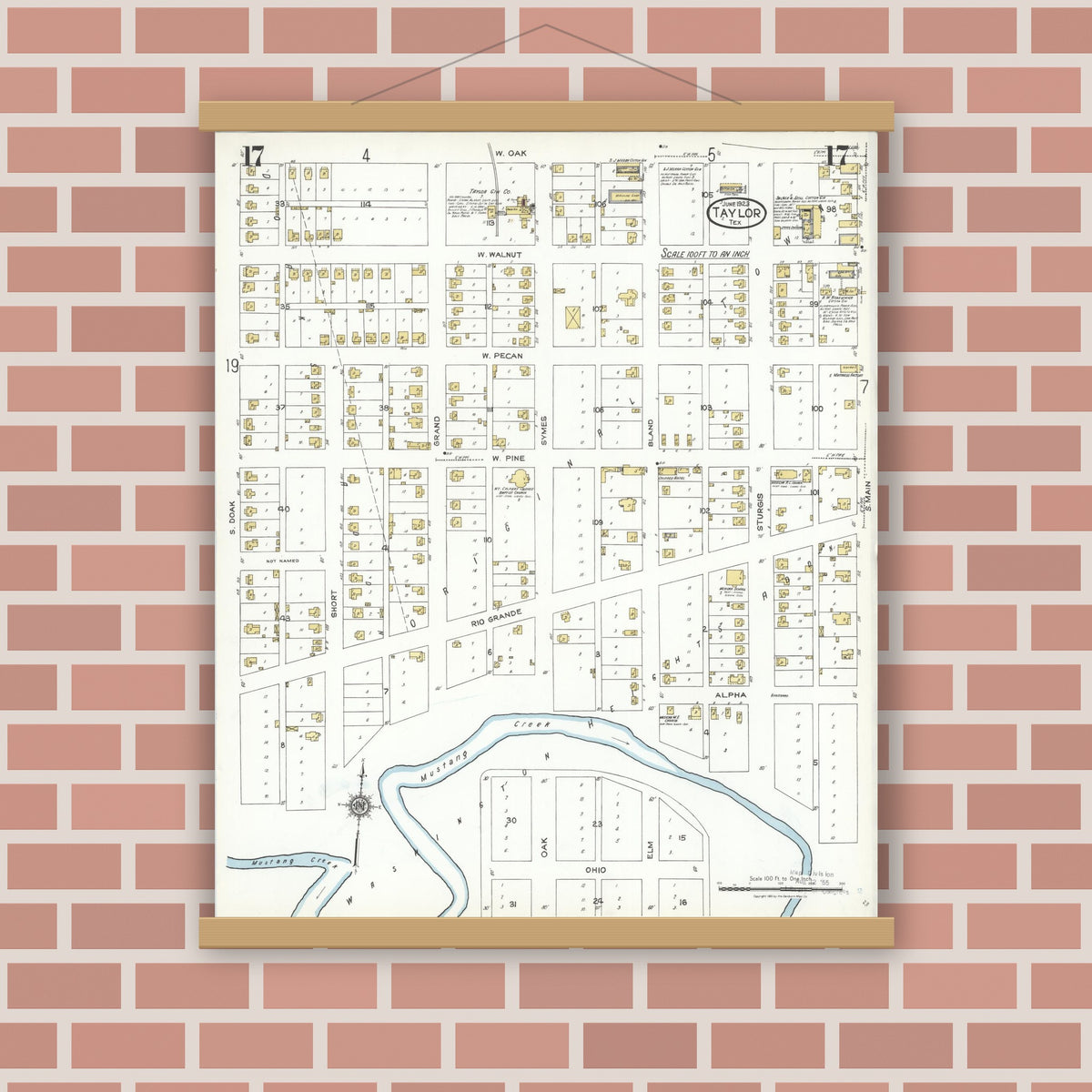 Old map wall art mockup — magnetic wood frame on brick wall — Sanborn Fire Insurance Map from Taylor, Williamson County, Texas (1923), Sheet #0017