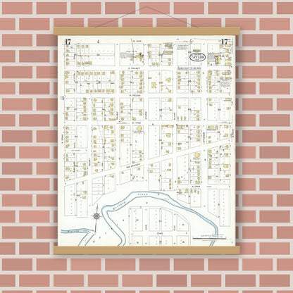 Old map wall art mockup — magnetic wood frame on brick wall — Sanborn Fire Insurance Map from Taylor, Williamson County, Texas (1923), Sheet #0017
