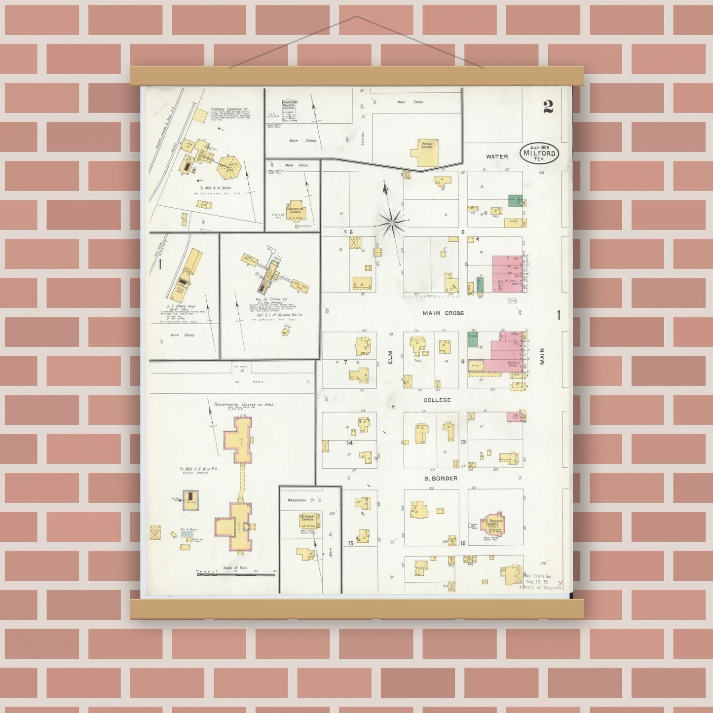 Old map wall art mockup — magnetic wood frame on brick wall — Sanborn Fire Insurance Map from Milford, Ellis County, Texas (1905), Sheet #0002