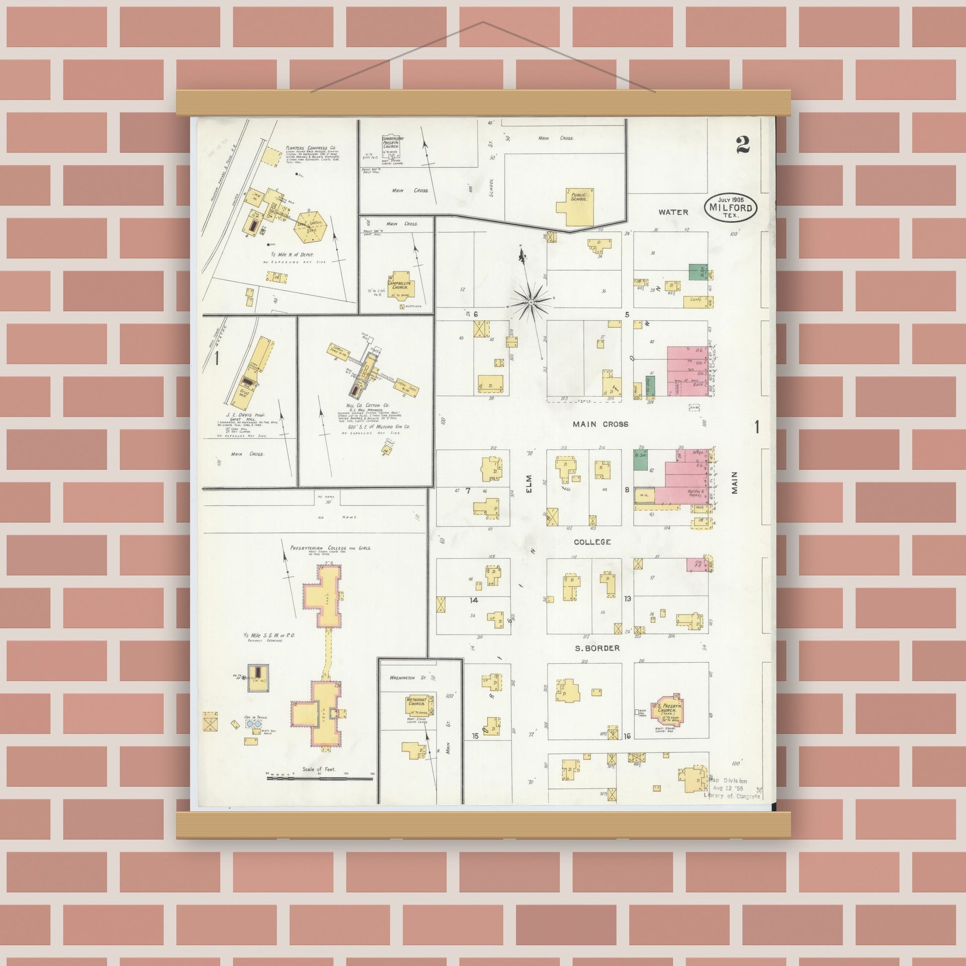 Old map wall art mockup — magnetic wood frame on brick wall — Sanborn Fire Insurance Map from Milford, Ellis County, Texas (1905), Sheet #0002