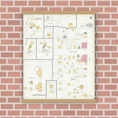 Old map wall art mockup — magnetic wood frame on brick wall — Sanborn Fire Insurance Map from Milford, Ellis County, Texas (1905), Sheet #0002