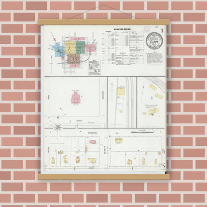 Old map wall art mockup — magnetic wood frame on brick wall — Sanborn Fire Insurance Map from Clare, Clare County, Michigan (1906) - Complete Map Set