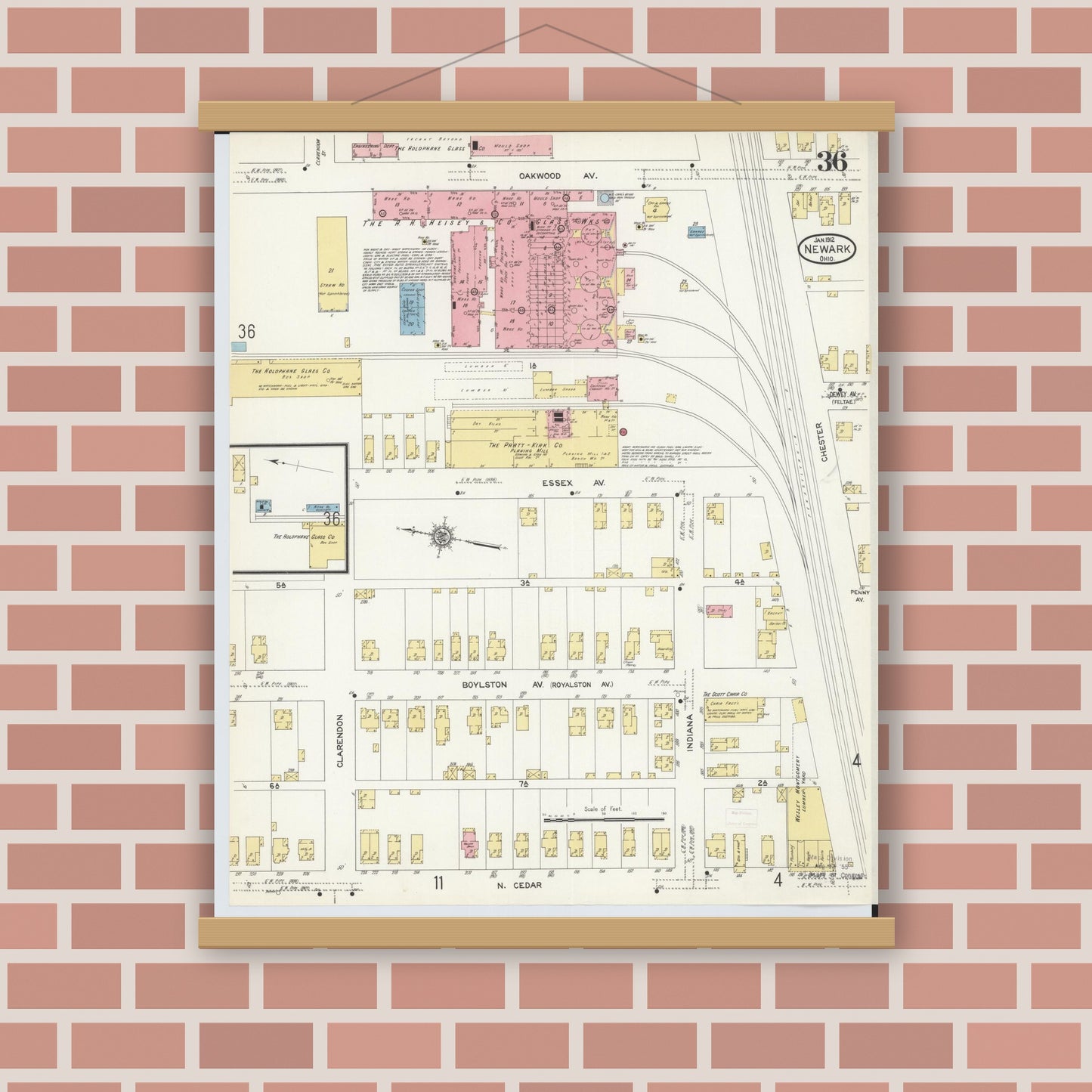 Old map wall art mockup — magnetic wood frame on brick wall — Sanborn Fire Insurance Map from Newark, Licking County, Ohio (1912), Sheet #0036