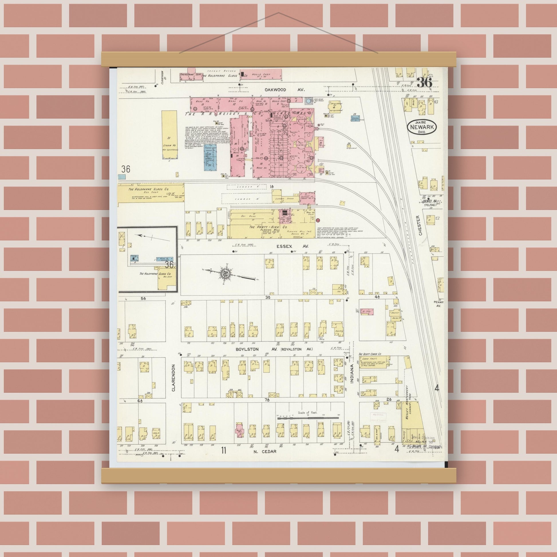Old map wall art mockup — magnetic wood frame on brick wall — Sanborn Fire Insurance Map from Newark, Licking County, Ohio (1912), Sheet #0036