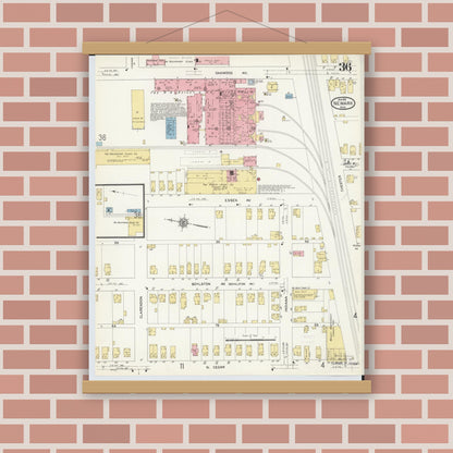Old map wall art mockup — magnetic wood frame on brick wall — Sanborn Fire Insurance Map from Newark, Licking County, Ohio (1912), Sheet #0036