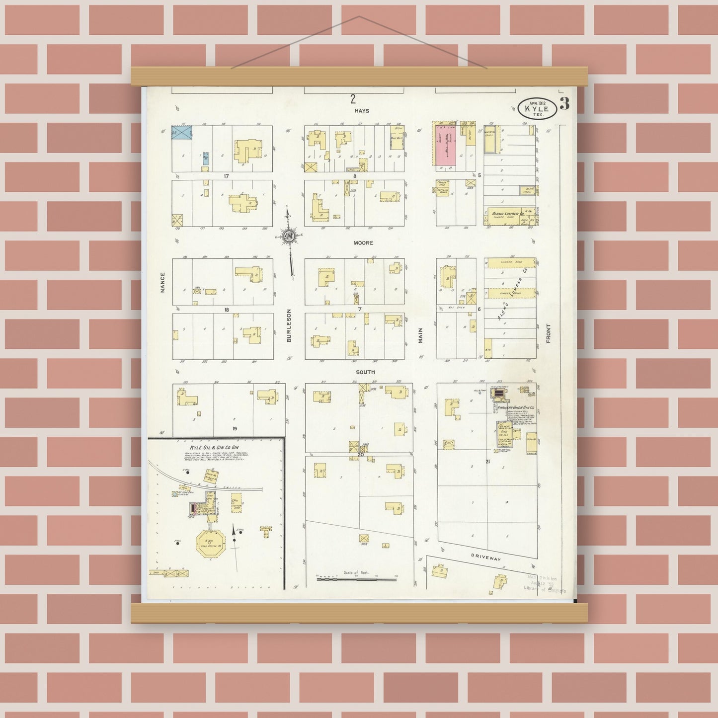 Old map wall art mockup — magnetic wood frame on brick wall — Sanborn Fire Insurance Map from Kyle, Hays County, Texas (1912), Sheet #0003
