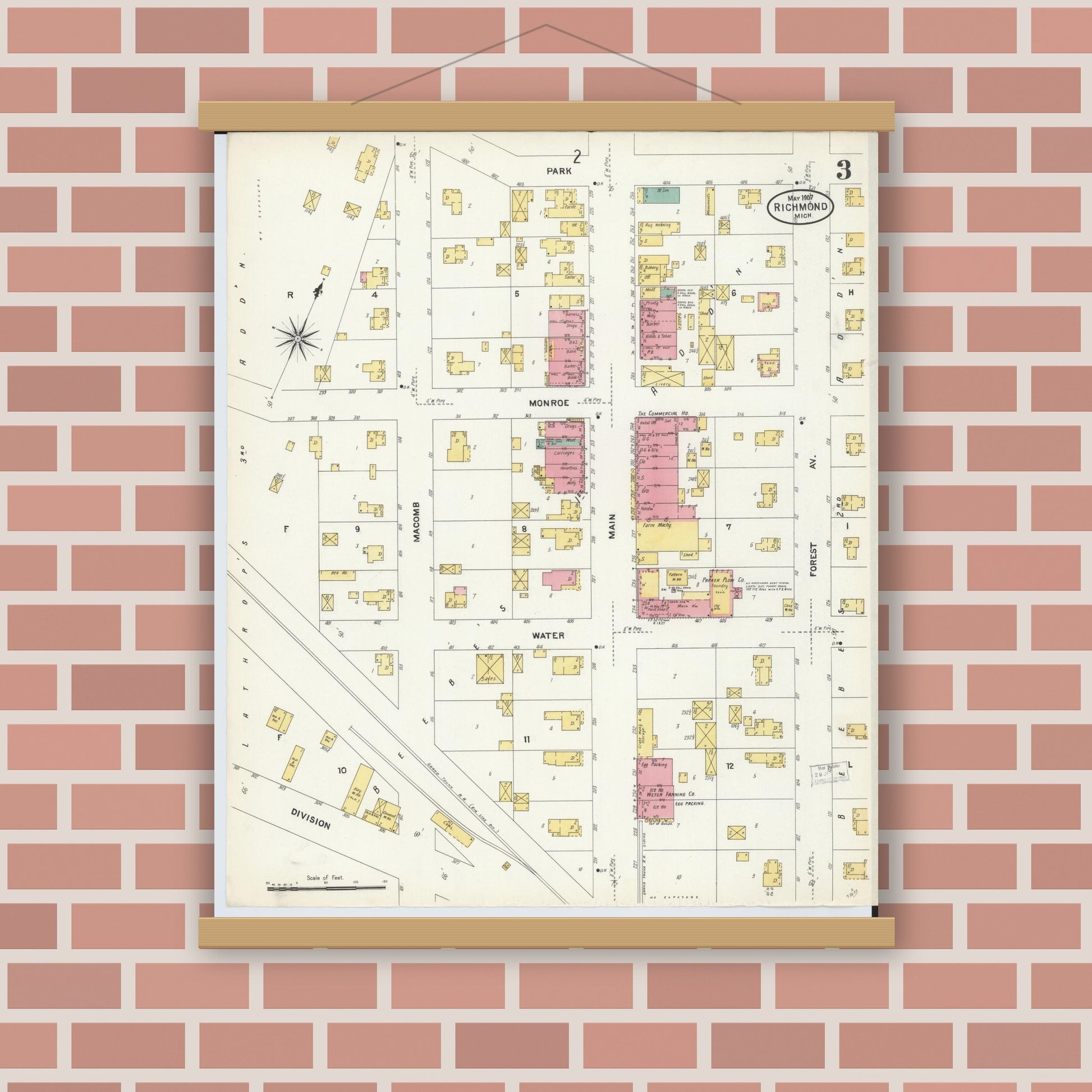 Old map wall art mockup — magnetic wood frame on brick wall — Sanborn Fire Insurance Map from Richmond, Macomb County, Michigan (1907), Sheet #0003