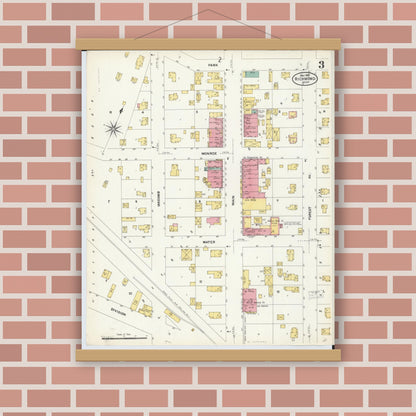 Old map wall art mockup — magnetic wood frame on brick wall — Sanborn Fire Insurance Map from Richmond, Macomb County, Michigan (1907), Sheet #0003