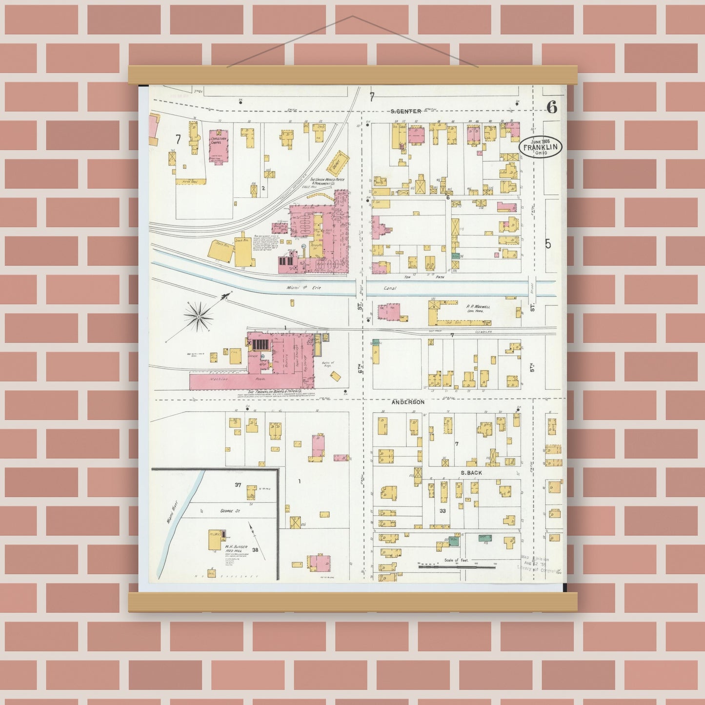 Old map wall art mockup — magnetic wood frame on brick wall — Sanborn Fire Insurance Map from Franklin, Warren County, Ohio (1905), Sheet #0006