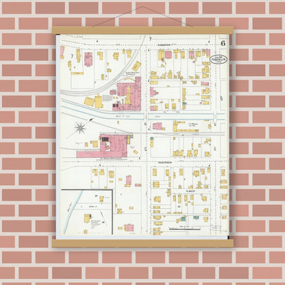 Old map wall art mockup — magnetic wood frame on brick wall — Sanborn Fire Insurance Map from Franklin, Warren County, Ohio (1905), Sheet #0006