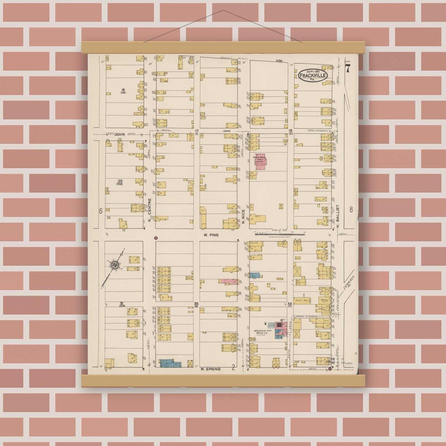 Old map wall art mockup — magnetic wood frame on brick wall — Sanborn Fire Insurance Map from Frackville, Schuylkill County, Pennsylvania (1921), Sheet #0007