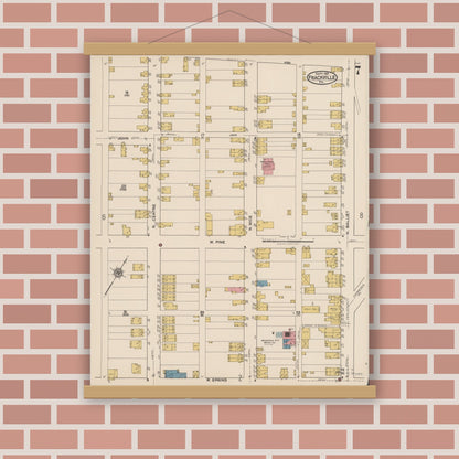 Old map wall art mockup — magnetic wood frame on brick wall — Sanborn Fire Insurance Map from Frackville, Schuylkill County, Pennsylvania (1921), Sheet #0007