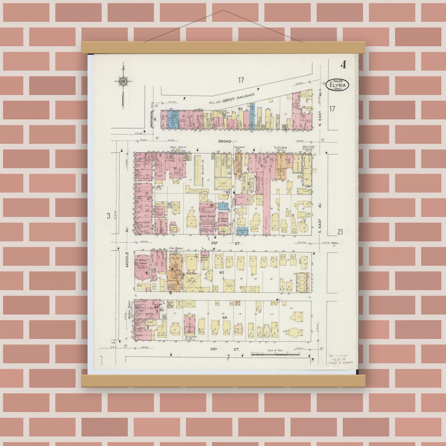 Old map wall art mockup — magnetic wood frame on brick wall — Sanborn Fire Insurance Map from Elyria, Lorain County, Ohio (1915), Sheet #0004