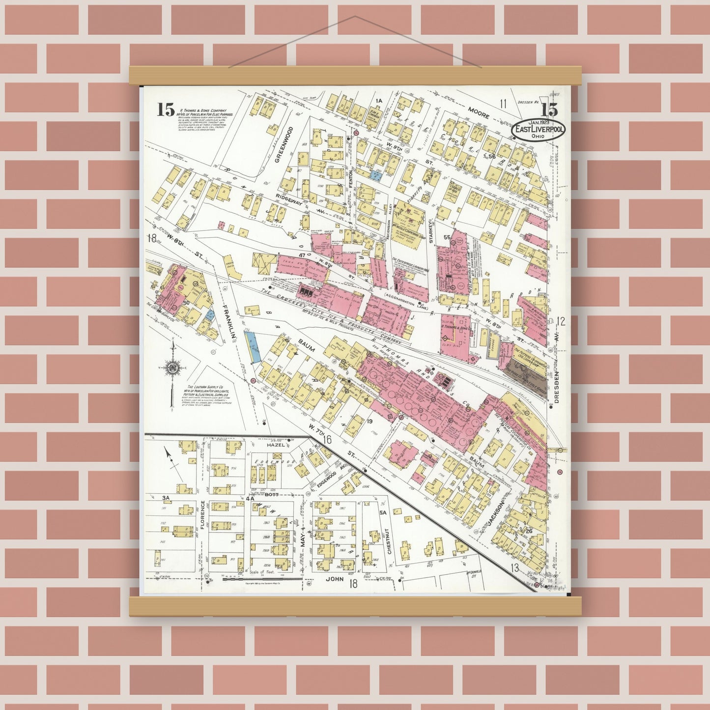 Old map wall art mockup — magnetic wood frame on brick wall — Sanborn Fire Insurance Map from East Liverpool, Columbiana County, Ohio (1923), Sheet #0015