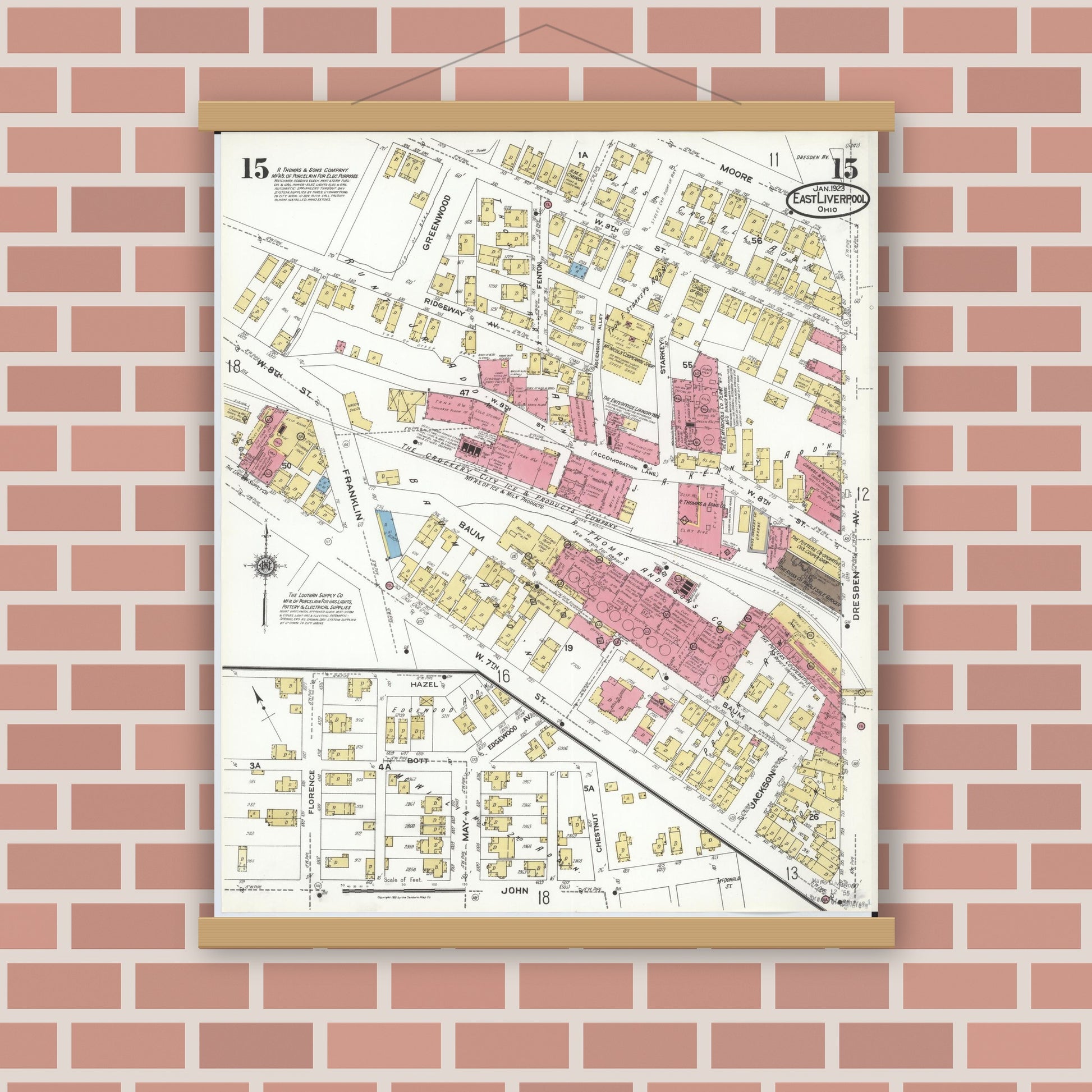 Old map wall art mockup — magnetic wood frame on brick wall — Sanborn Fire Insurance Map from East Liverpool, Columbiana County, Ohio (1923), Sheet #0015