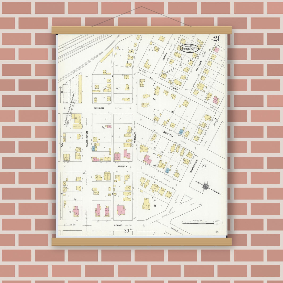Old map wall art mockup — magnetic wood frame on brick wall — Sanborn Fire Insurance Map from Freeport, Stephenson County, Illinois (1910), Sheet #0021