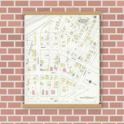 Old map wall art mockup — magnetic wood frame on brick wall — Sanborn Fire Insurance Map from Freeport, Stephenson County, Illinois (1910), Sheet #0021