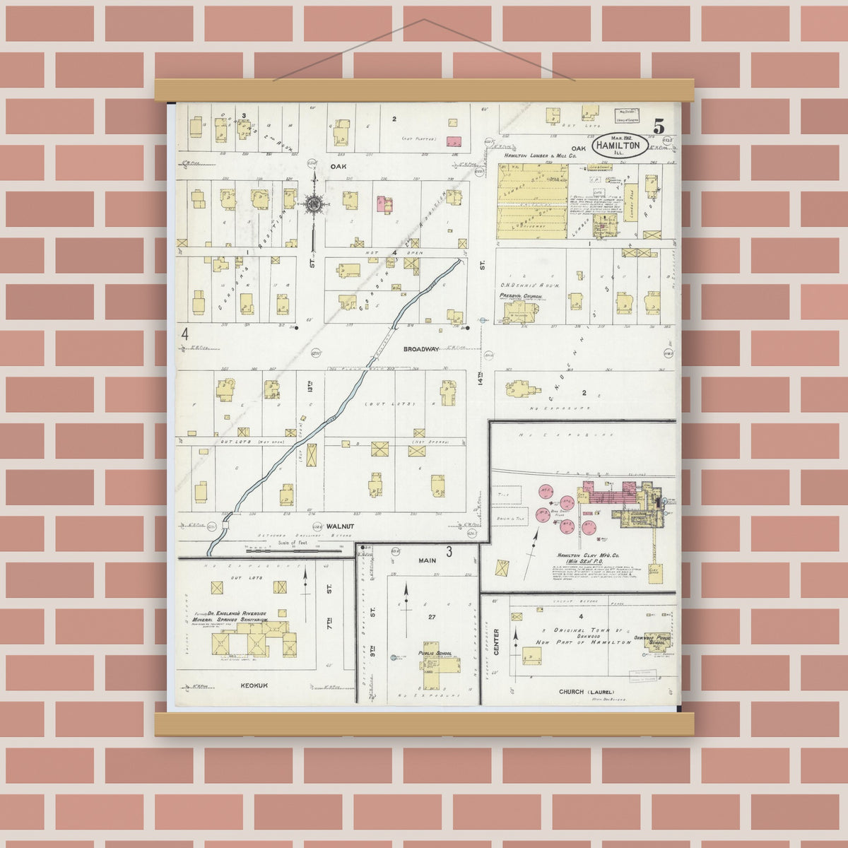 Old map wall art mockup — magnetic wood frame on brick wall — Sanborn Fire Insurance Map from Hamilton, Hancock County, Illinois (1912), Sheet #0005