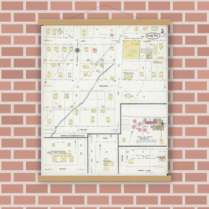Old map wall art mockup — magnetic wood frame on brick wall — Sanborn Fire Insurance Map from Hamilton, Hancock County, Illinois (1912), Sheet #0005